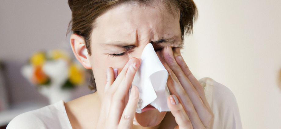 What is allergic rhinitis? - Woman sneezing and blowing her nose with a tissue due to allergic rhinitis.