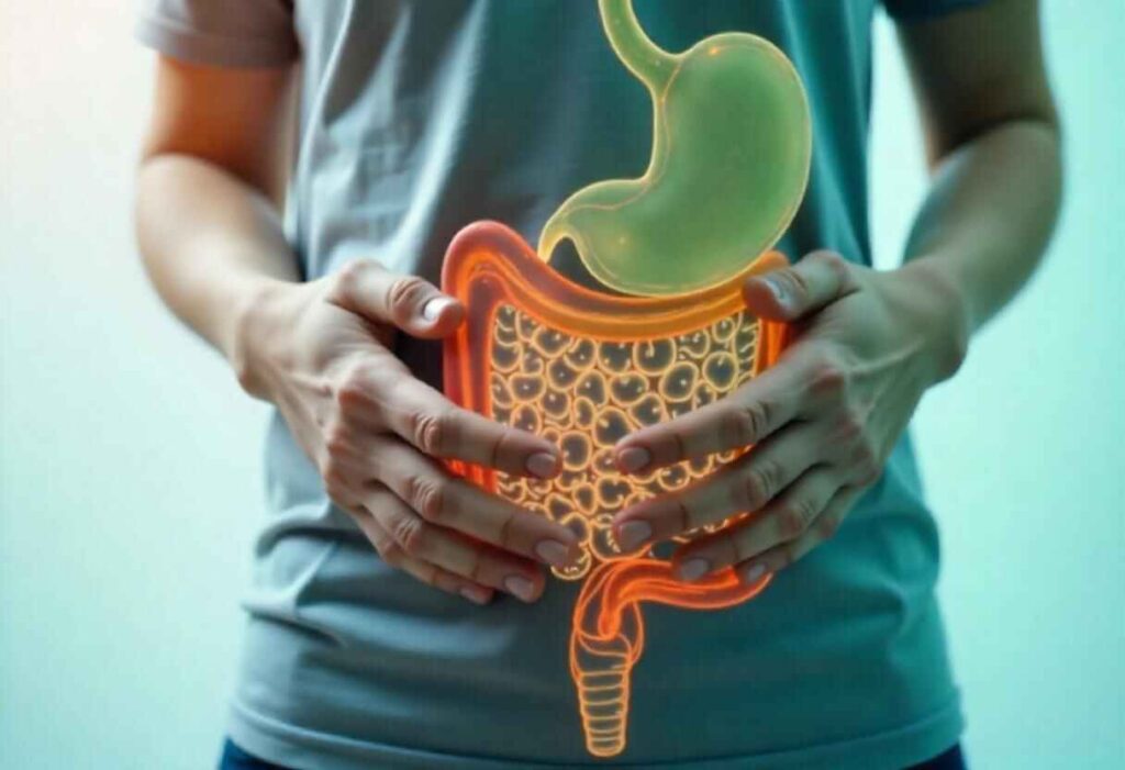 Illustration of gastroparesis showing stomach muscles slowing digestion with symptoms like nausea and bloating