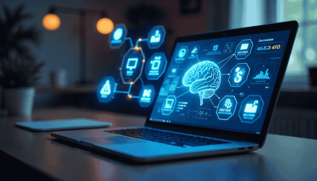 Illustration of AI tools helping content creators – featuring a laptop with AI icons for writing, video, design, SEO, and social media in a futuristic digital workspace.
