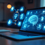Illustration of AI tools helping content creators – featuring a laptop with AI icons for writing, video, design, SEO, and social media in a futuristic digital workspace.