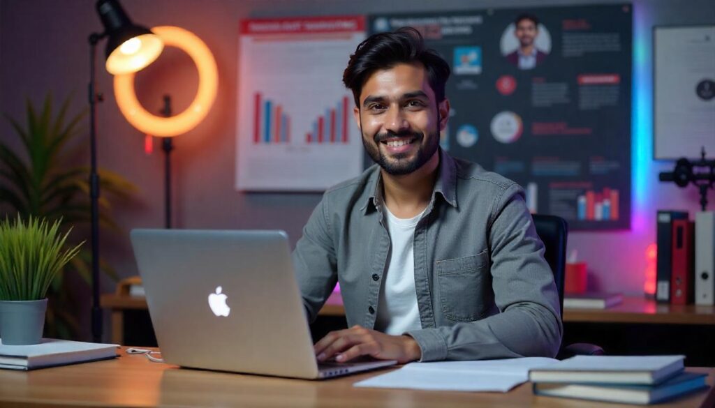Prashant Kirad sitting at his desk with a laptop, YouTube Silver Play Button, educational books, and digital content setup in the background.