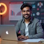 Prashant Kirad sitting at his desk with a laptop, YouTube Silver Play Button, educational books, and digital content setup in the background.
