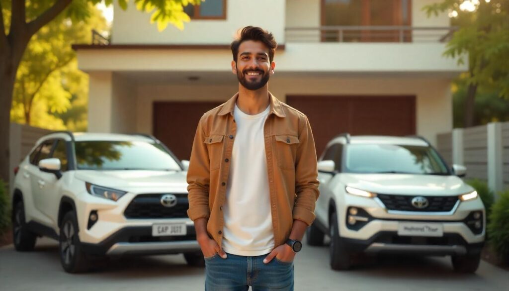 Sourav Joshi standing with a camera in front of his modern house and cars, representing his vlogger lifestyle and growing net worth in 2025.