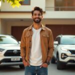 Sourav Joshi standing with a camera in front of his modern house and cars, representing his vlogger lifestyle and growing net worth in 2025.